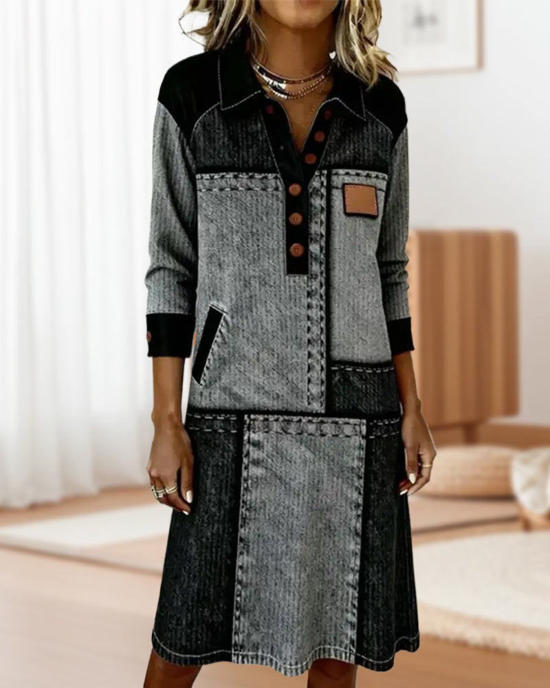 Robe Bouton Revers Col V Bloc de Couleur Tendance