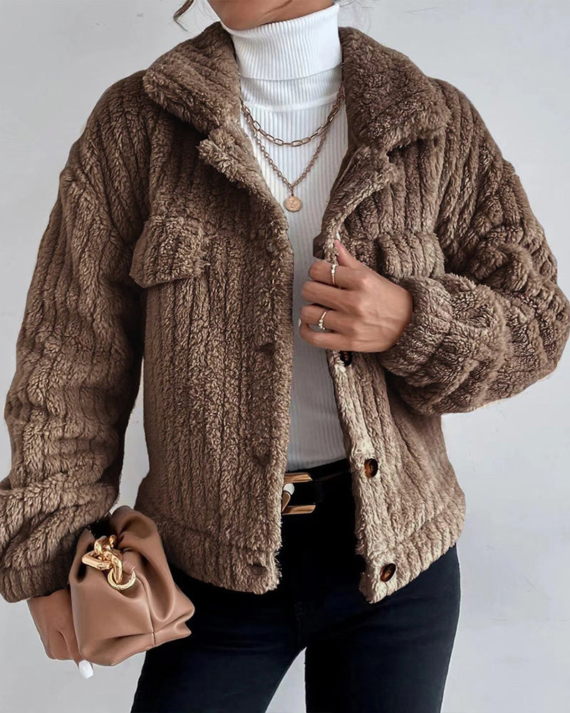 Manteau épais décontracté de couleur unie avec revers boutonné et manches longues