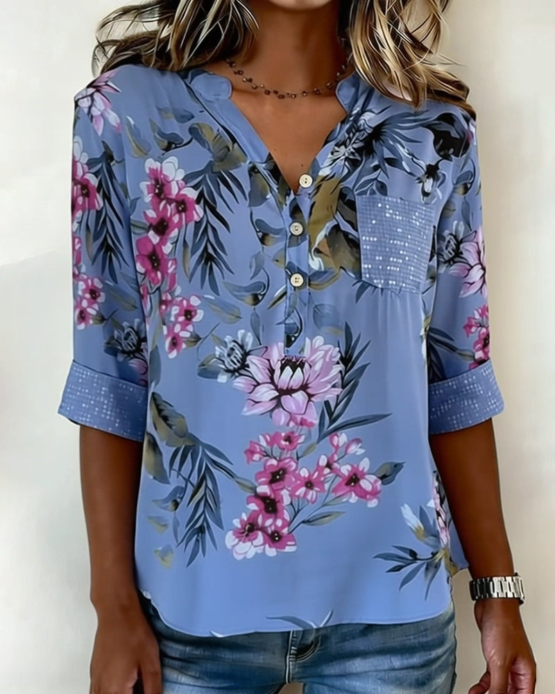 Blouse Col V Sequins Floral