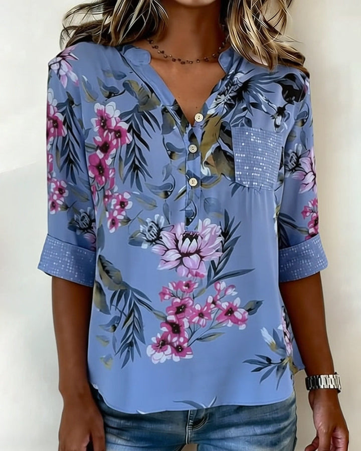 Blouse Col V Sequins Floral