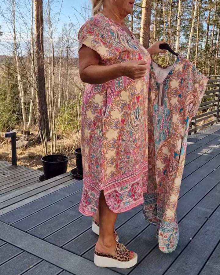 Robe Col En V Manches Courtes Imprimée Droite