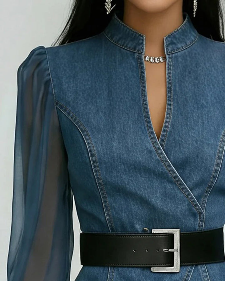 Blouse Élégante En Mesh Et Denim