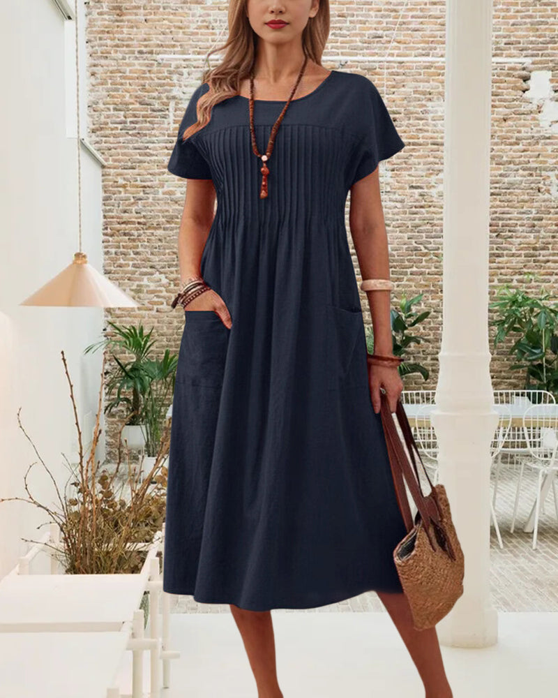 Robe Plissée Manches Courtes Coton Et Lin