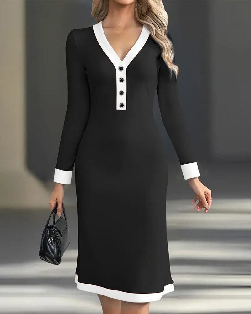 Robe Manches Longues Couleur Contrastée Élégante