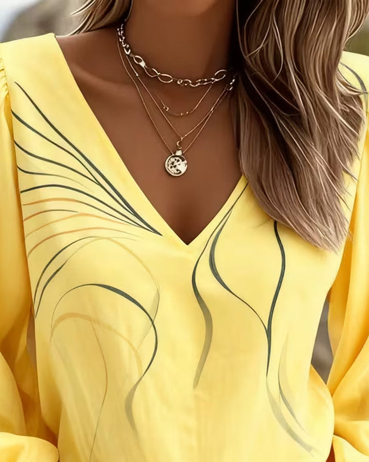 Blouse Col V Ligne Imprimé Manche Bouffante
