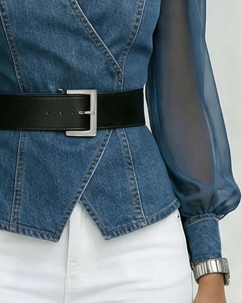 Blouse Élégante En Mesh Et Denim