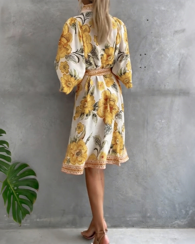 Robe Française Manchon Col Cranté Imprimé