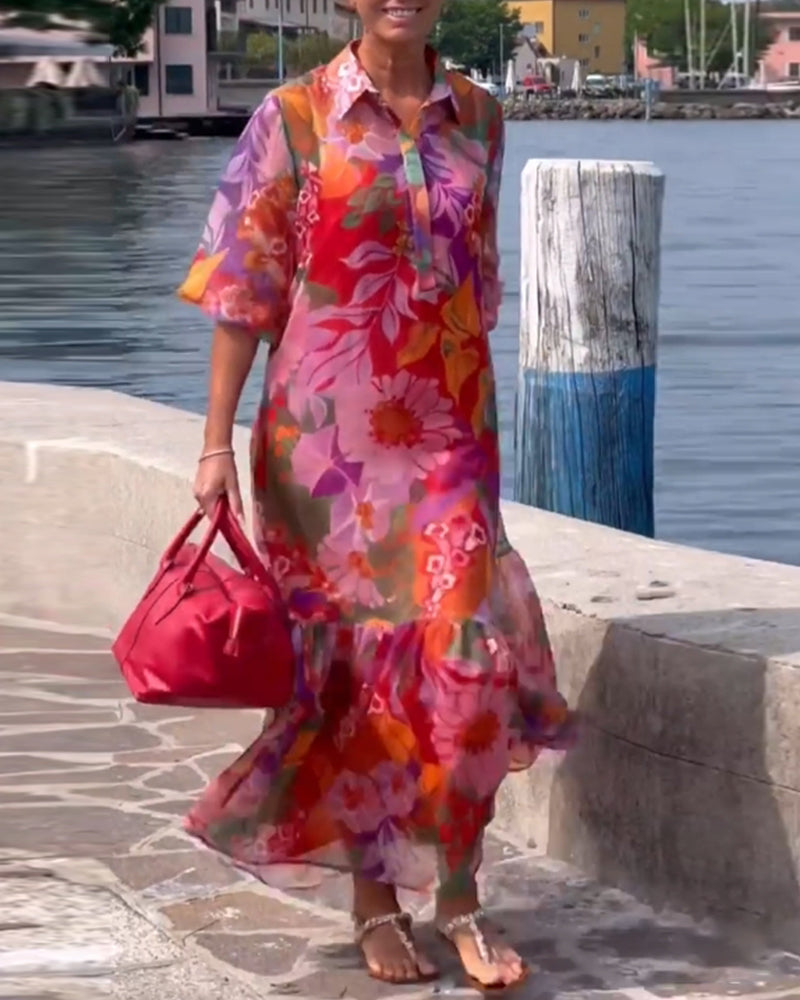 Robe Colorée Imprimée Manches Lanterne Ample