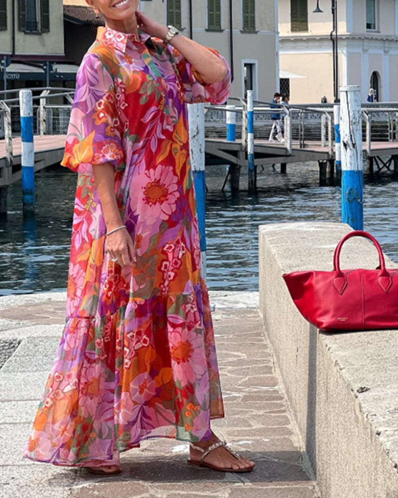 Robe Colorée Imprimée Manches Lanterne Ample