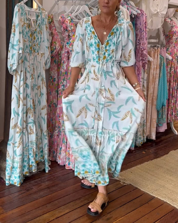 Robe longue femme col V imprimé feuilles