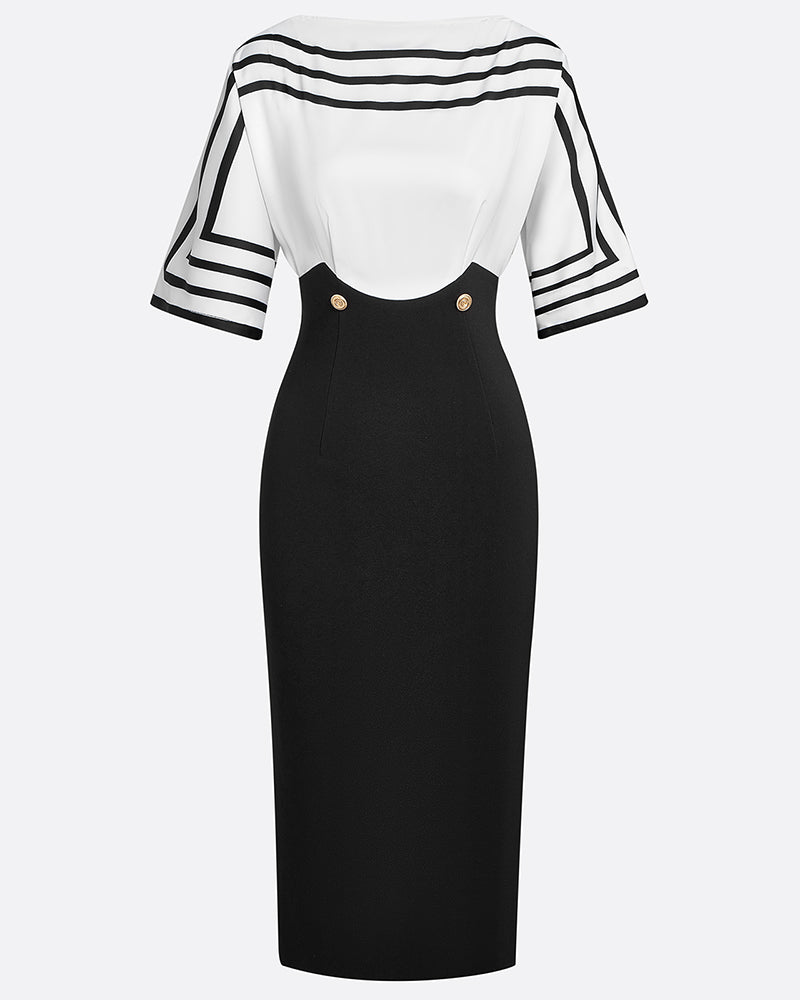 Robe Élégante Rayée Contraste Taille