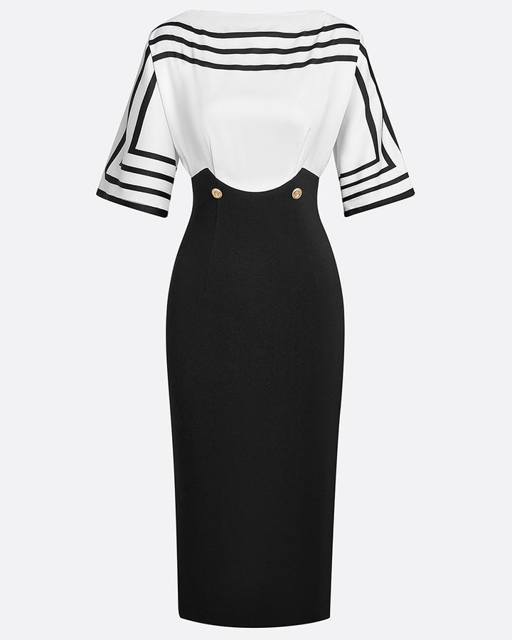 Robe Élégante Rayée Contraste Taille