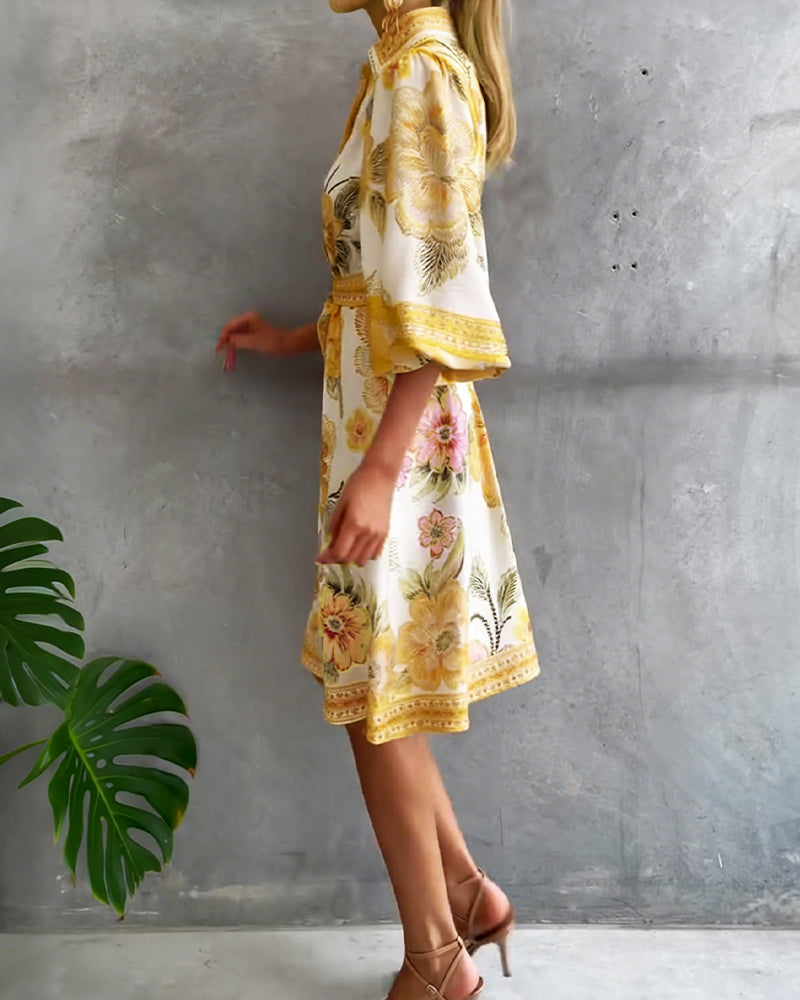 Robe Française Manchon Col Cranté Imprimé