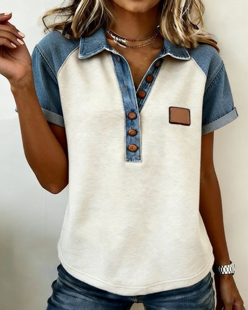 T-Shirt Denim Couleur Bloc Court Manche