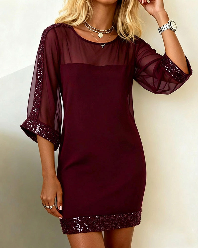 Robe Pailletée Panneaux Maille Col Rond
