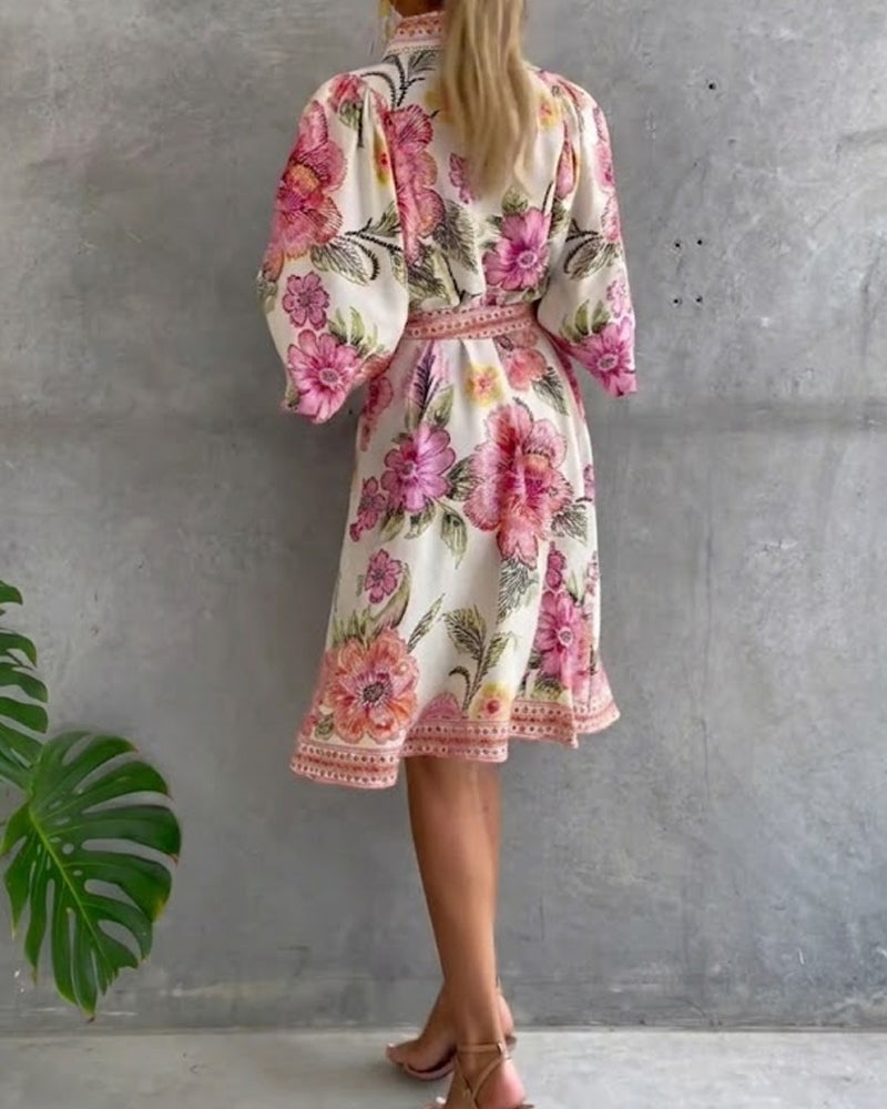 Robe Française Manchon Col Cranté Imprimé