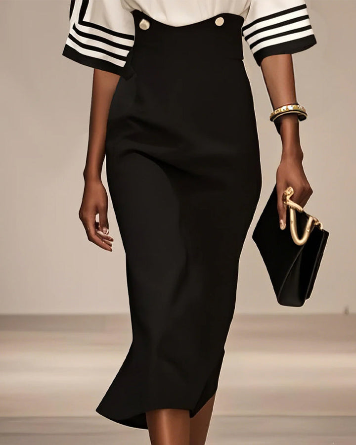 Robe Élégante Rayée Contraste Taille