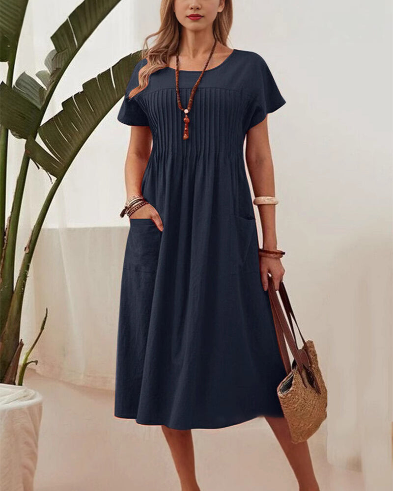 Robe Plissée Manches Courtes Coton Et Lin