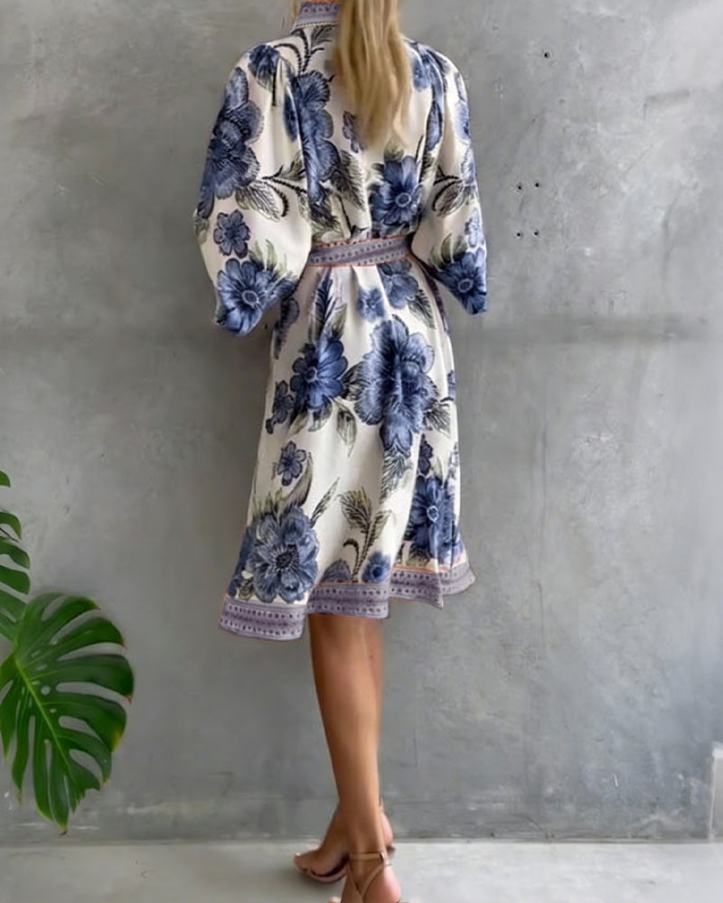 Robe Française Manchon Col Cranté Imprimé