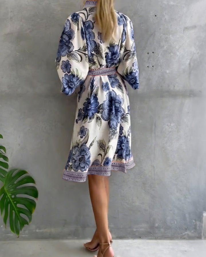 Robe Française Manchon Col Cranté Imprimé
