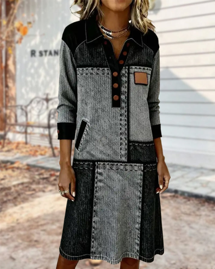 Robe Bouton Revers Col V Bloc de Couleur Tendance