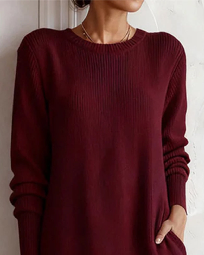 Robe Tricotée Couleur Unie À Col Rond
