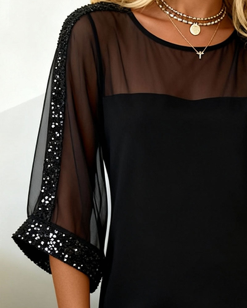 Robe Pailletée Panneaux Maille Col Rond