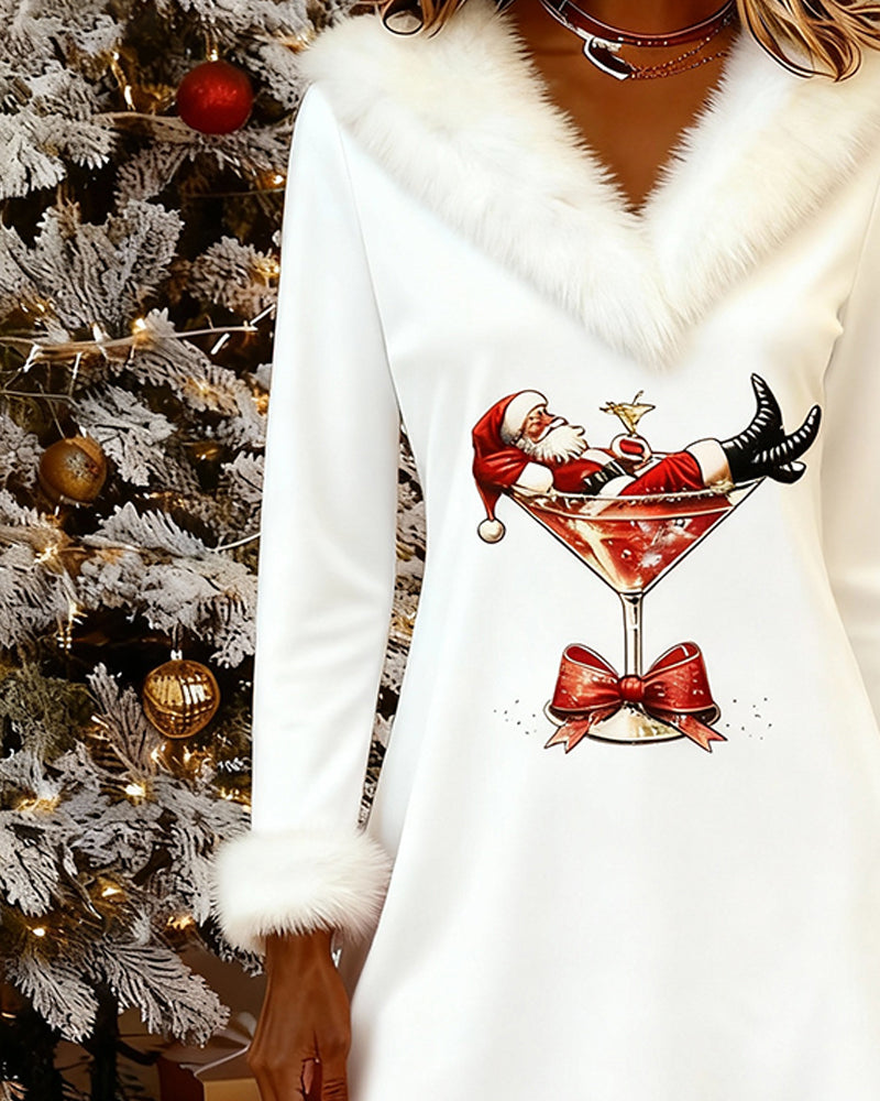 Robe Col Fourrure Noël Imprimé