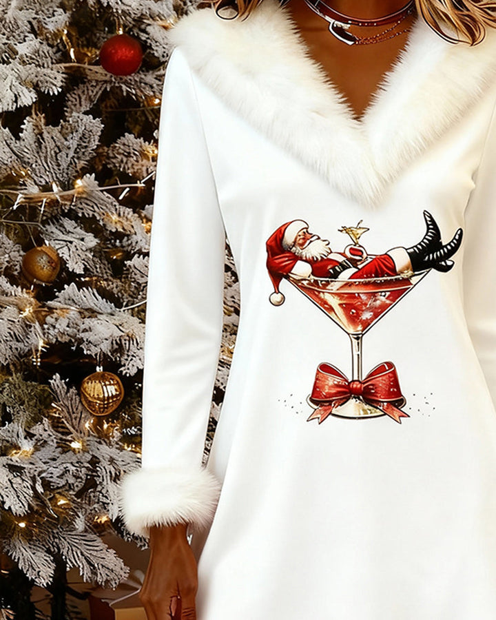 Robe Col Fourrure Noël Imprimé
